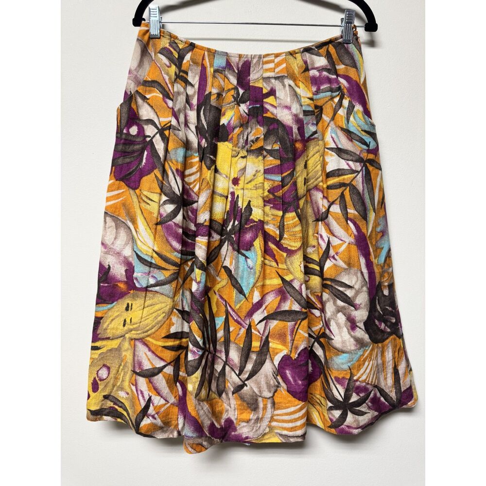 LAFAYETTE 148 New York 100% Linen Pleated Tropical Print Skirt, Fiji Orange, 8